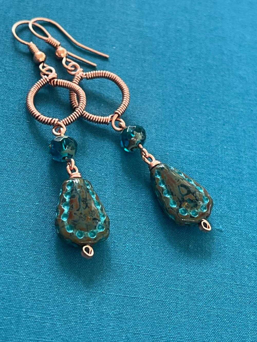 Boho Copper Wire Wrapped Earrings | Teal Blue Czech Glass Dangle Earrings